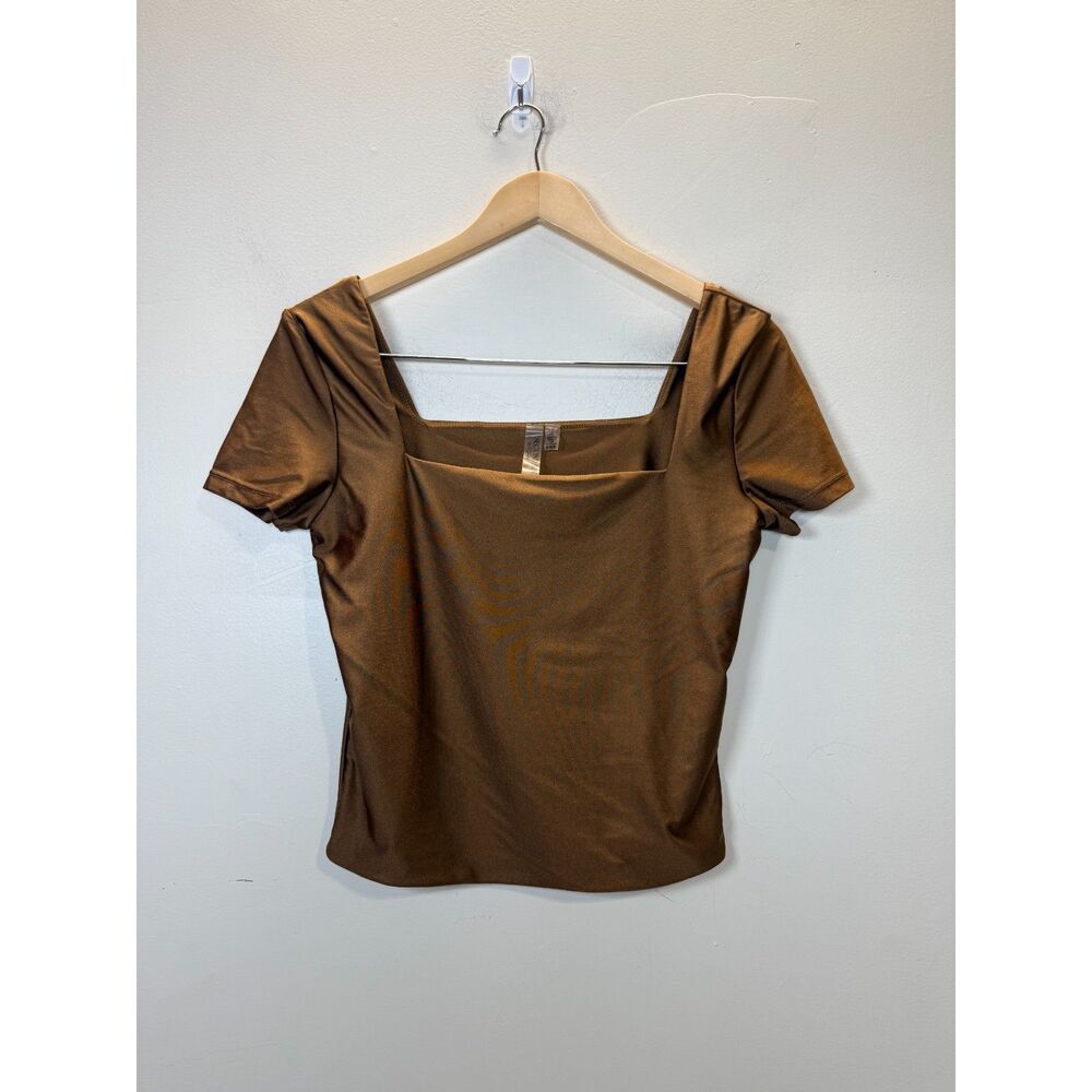 Second Skin Women's Size M Brown Stacy Short Sleeve Crop Top Square Neck